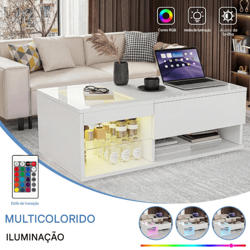 Mesa de centro de 100 cm com acabamento branco brilhante, iluminação LED, tampo em vidro transparente e duplo espaço de arrumação para sala de estar moderna Mesa de centro de 100 cm com acabamento branco brilhante, iluminação LED, tampo em vidro transparente e duplo espaço de arrumação para sala de estar moderna