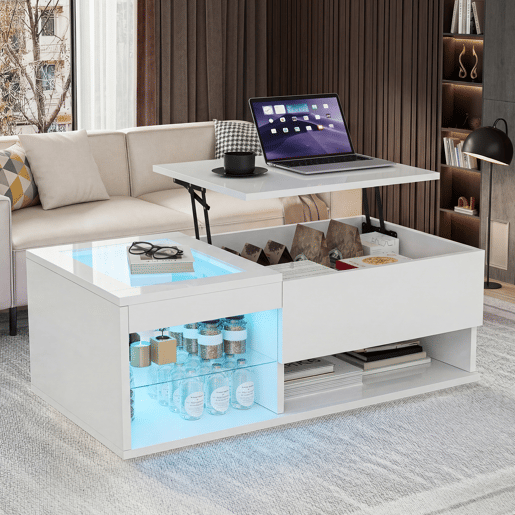 Mesa de centro de 100 cm com acabamento branco brilhante, iluminação LED, tampo em vidro transparente e duplo espaço de arrumação para sala de estar moderna Mesa de centro de 100 cm com acabamento branco brilhante, iluminação LED, tampo em vidro transparente e duplo espaço de arrumação para sala de estar moderna