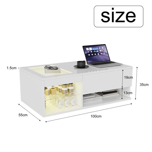Mesa de centro de 100 cm com acabamento branco brilhante, iluminação LED, tampo em vidro transparente e duplo espaço de arrumação para sala de estar moderna Mesa de centro de 100 cm com acabamento branco brilhante, iluminação LED, tampo em vidro transparente e duplo espaço de arrumação para sala de estar moderna