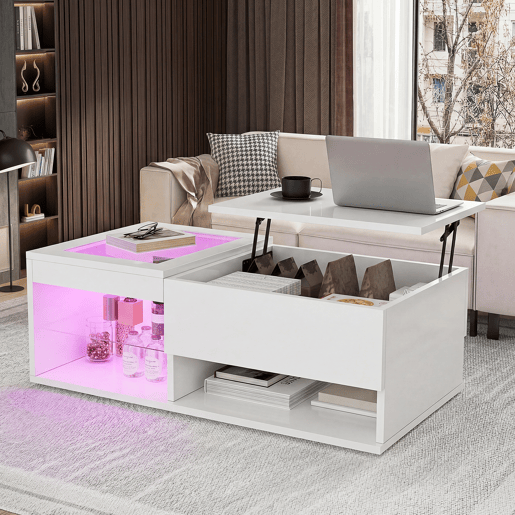 Mesa de centro de 100 cm com acabamento branco brilhante, iluminação LED, tampo em vidro transparente e duplo espaço de arrumação para sala de estar moderna Mesa de centro de 100 cm com acabamento branco brilhante, iluminação LED, tampo em vidro transparente e duplo espaço de arrumação para sala de estar moderna