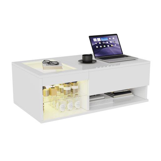 Mesa de centro de 100 cm com acabamento branco brilhante, iluminação LED, tampo em vidro transparente e duplo espaço de arrumação para sala de estar moderna Mesa de centro de 100 cm com acabamento branco brilhante, iluminação LED, tampo em vidro transparente e duplo espaço de arrumação para sala de estar moderna