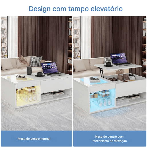 Mesa de centro de 100 cm com acabamento branco brilhante, iluminação LED, tampo em vidro transparente e duplo espaço de arrumação para sala de estar moderna Mesa de centro de 100 cm com acabamento branco brilhante, iluminação LED, tampo em vidro transparente e duplo espaço de arrumação para sala de estar moderna