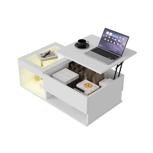 Mesa de centro de 100 cm com acabamento branco brilhante, iluminação LED, tampo em vidro transparente e duplo espaço de arrumação para sala de estar moderna Mesa de centro de 100 cm com acabamento branco brilhante, iluminação LED, tampo em vidro transparente e duplo espaço de arrumação para sala de estar moderna