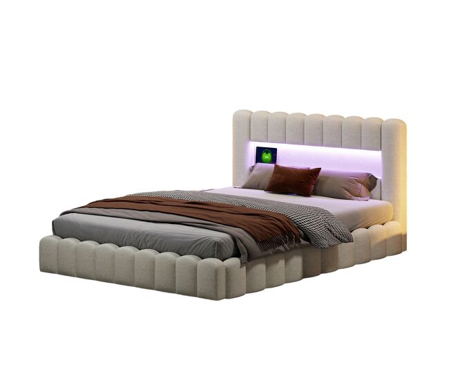 Cama para adultos de 160x200 cm con base tapizada – almacenamiento integrado – material de lino – puertos usb y luces led ajustables – capacidad de