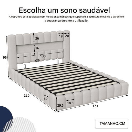 Cama adulta 160x200 cm com estrado estofado - arrumação integrada - linho - portas USB e LED regulável - capacidade 300 kg - bege