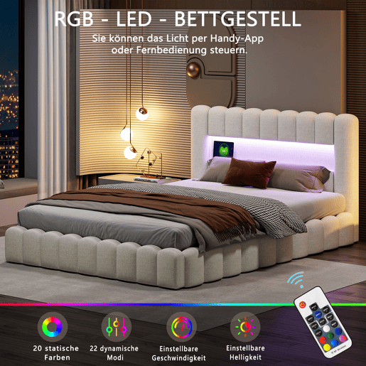 Cama adulta 160x200 cm com estrado estofado - arrumação integrada - linho - portas USB e LED regulável - capacidade 300 kg - bege