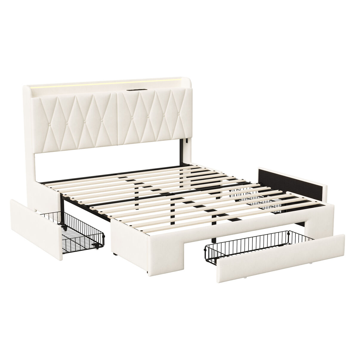 Cama doble de 140x190, tapizada, con puerto usb para carga, luz led ajustable, tapizada en terciopelo, color beige.