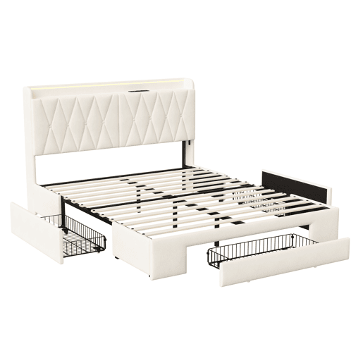 Cama de casal 140x190, estofada, com carregamento USB, LED ajustável, em veludo, bege.