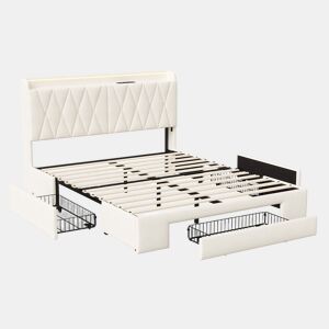 Cama de casal 140x190, estofada, com carregamento USB, LED ajustável, em veludo, bege.