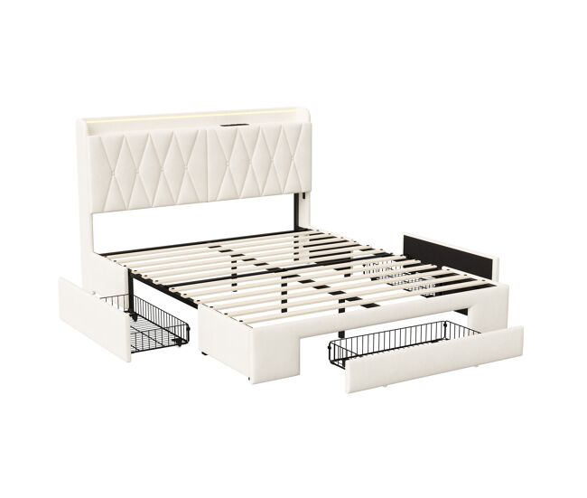 Cama doble de 140x190, tapizada, con puerto usb para carga, luz led ajustable, tapizada en terciopelo, color beige.