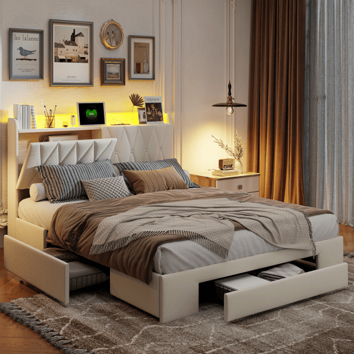 Cama de casal 140x190, estofada, com carregamento USB, LED ajustável, em veludo, bege.