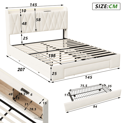 Cama de casal 140x190, estofada, com carregamento USB, LED ajustável, em veludo, bege.