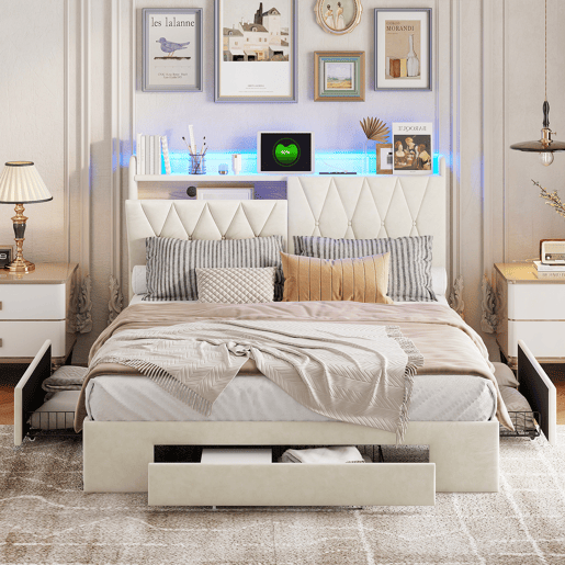 Cama de casal 140x190, estofada, com carregamento USB, LED ajustável, em veludo, bege.