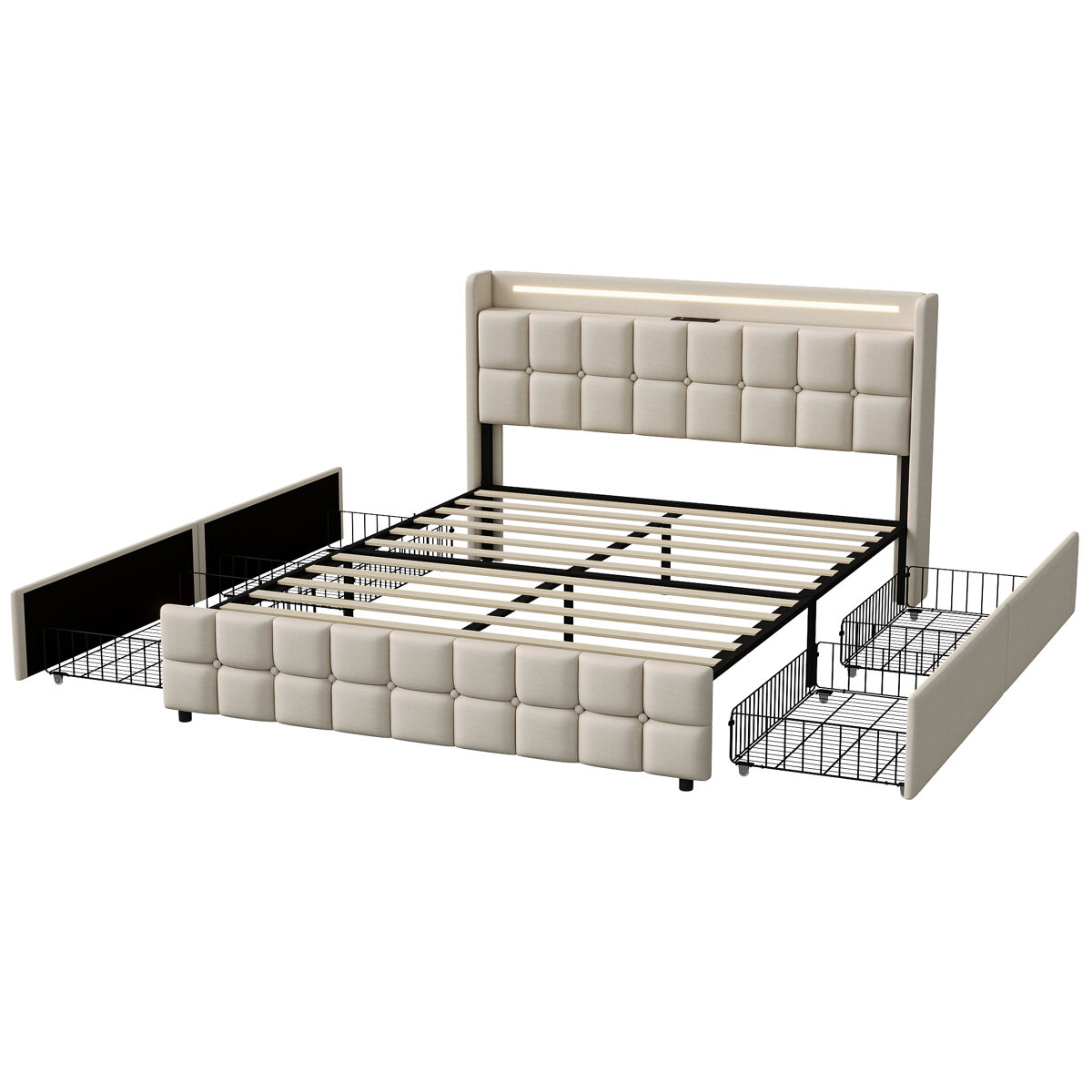 Cama adulto estilo escandinavo, 4 cajones, LED, USB/Tipo C 164x220 Beige
