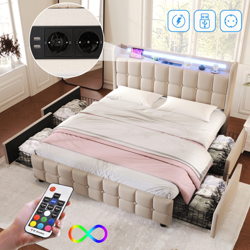 Cama adulta escandinava 160x200 cm - 4 gavetas - portas USB e Type-C - estrado de ripas - iluminação LED integrada - bege