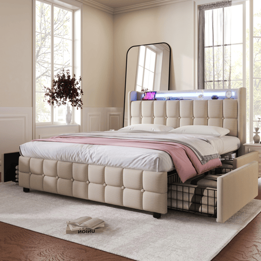 Cama adulta escandinava 160x200 cm - 4 gavetas - portas USB e Type-C - estrado de ripas - iluminação LED integrada - bege