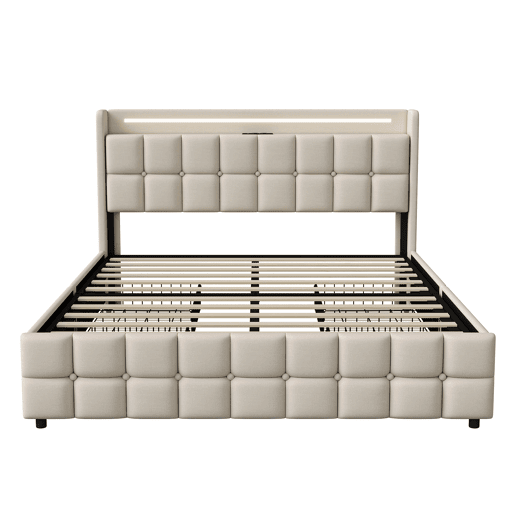 Cama adulta escandinava 160x200 cm - 4 gavetas - portas USB e Type-C - estrado de ripas - iluminação LED integrada - bege