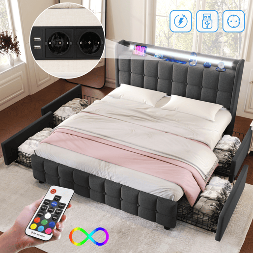 Cama adulta escandinava 160x200 cm - 4 gavetas - portas USB e Type-C - estrado de ripas - LED integrado - cinza