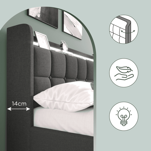 Cama adulta escandinava 160x200 cm - 4 gavetas - portas USB e Type-C - estrado de ripas - LED integrado - cinza