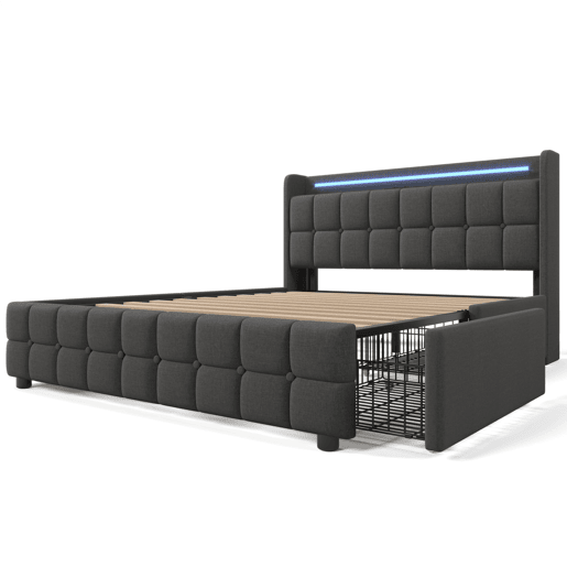 Cama adulta escandinava 160x200 cm - 4 gavetas - portas USB e Type-C - estrado de ripas - LED integrado - cinza