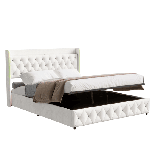 Cama estofada 140x200cm com LED e USB, estrutura hidráulica com estrado de ripas, espaço de arrumação e estrutura metálica, roupa de cama de casal juvenil, bege Cama estofada 140x200cm com LED e USB, estrutura hidráulica com estrado de ripas, espaço de arrumação e estrutura metálica, roupa de cama de casal juvenil, bege