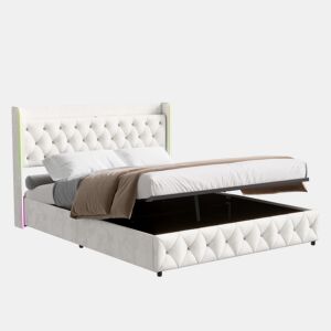 Cama estofada 140x200cm com LED e USB, estrutura hidráulica com estrado de ripas, espaço de arrumação e estrutura metálica, roupa de cama de casal juvenil, bege