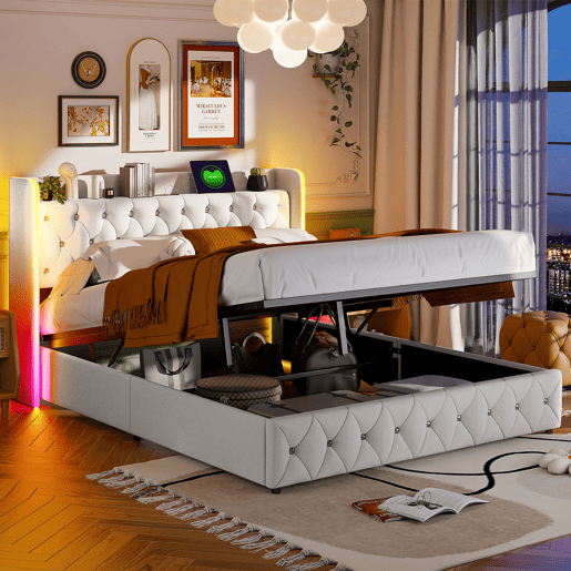 Cama estofada 140x200cm com LED e USB, estrutura hidráulica com estrado de ripas, espaço de arrumação e estrutura metálica, roupa de cama de casal juvenil, bege Cama estofada 140x200cm com LED e USB, estrutura hidráulica com estrado de ripas, espaço de arrumação e estrutura metálica, roupa de cama de casal juvenil, bege