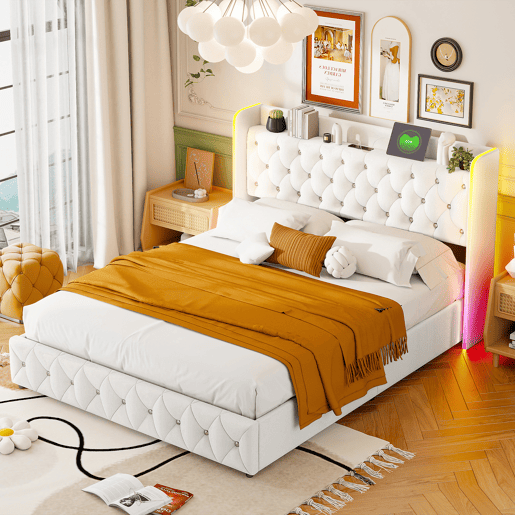 Cama estofada 140x200cm com LED e USB, estrutura hidráulica com estrado de ripas, espaço de arrumação e estrutura metálica, roupa de cama de casal juvenil, bege Cama estofada 140x200cm com LED e USB, estrutura hidráulica com estrado de ripas, espaço de arrumação e estrutura metálica, roupa de cama de casal juvenil, bege