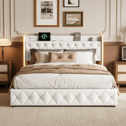 Cama estofada 140x200cm com LED e USB, estrutura hidráulica com estrado de ripas, espaço de arrumação e estrutura metálica, roupa de cama de casal juvenil, bege Cama estofada 140x200cm com LED e USB, estrutura hidráulica com estrado de ripas, espaço de arrumação e estrutura metálica, roupa de cama de casal juvenil, bege