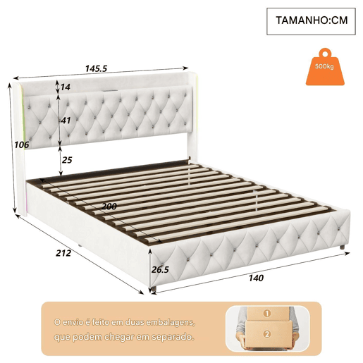 Cama estofada 140x200cm com LED e USB, estrutura hidráulica com estrado de ripas, espaço de arrumação e estrutura metálica, roupa de cama de casal juvenil, bege Cama estofada 140x200cm com LED e USB, estrutura hidráulica com estrado de ripas, espaço de arrumação e estrutura metálica, roupa de cama de casal juvenil, bege