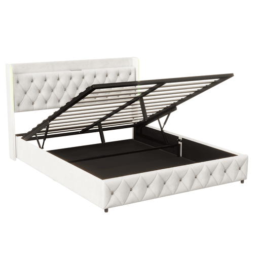 Cama estofada 140x200cm com LED e USB, estrutura hidráulica com estrado de ripas, espaço de arrumação e estrutura metálica, roupa de cama de casal juvenil, bege Cama estofada 140x200cm com LED e USB, estrutura hidráulica com estrado de ripas, espaço de arrumação e estrutura metálica, roupa de cama de casal juvenil, bege