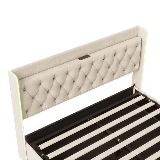 Cama estofada 140x200cm com LED e USB, estrutura hidráulica com estrado de ripas, espaço de arrumação e estrutura metálica, roupa de cama de casal juvenil, bege Cama estofada 140x200cm com LED e USB, estrutura hidráulica com estrado de ripas, espaço de arrumação e estrutura metálica, roupa de cama de casal juvenil, bege