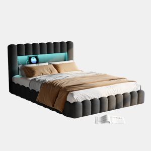 Cama adulta 160x200 cm com estrado estofado - arrumação integrada - linho - portas USB e LED regulável - capacidade 300 kg - cinza antracite