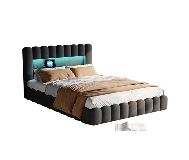 Cama para adultos de 160x200 cm con base tapizada – almacenamiento integrado – material de lino – puertos usb y luces led ajustables – capacidad de