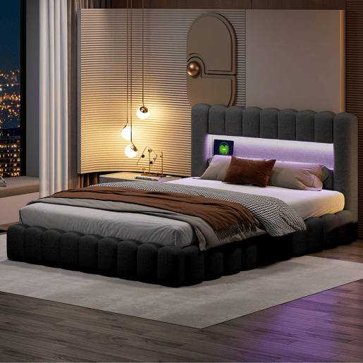 Cama adulta 160x200 cm com estrado estofado - arrumação integrada - linho - portas USB e LED regulável - capacidade 300 kg - cinza antracite Cama adulta 160x200 cm com estrado estofado - arrumação integrada - linho - portas USB e LED regulável - capacidade 300 kg - cinza antracite