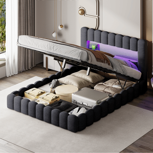 Cama adulta 160x200 cm com estrado estofado - arrumação integrada - linho - portas USB e LED regulável - capacidade 300 kg - cinza antracite Cama adulta 160x200 cm com estrado estofado - arrumação integrada - linho - portas USB e LED regulável - capacidade 300 kg - cinza antracite