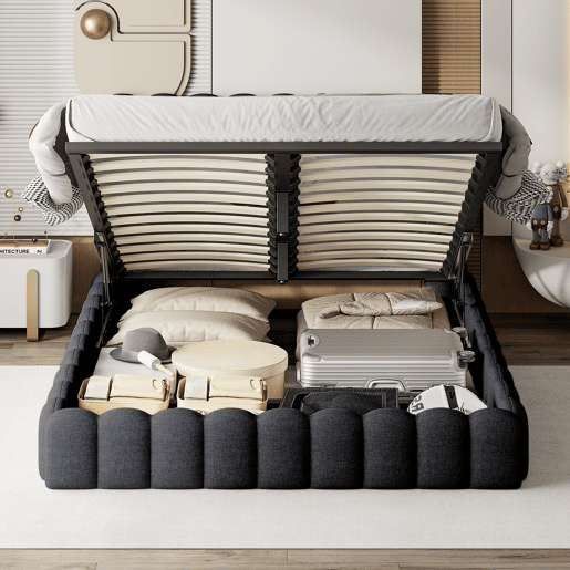 Cama adulta 160x200 cm com estrado estofado - arrumação integrada - linho - portas USB e LED regulável - capacidade 300 kg - cinza antracite Cama adulta 160x200 cm com estrado estofado - arrumação integrada - linho - portas USB e LED regulável - capacidade 300 kg - cinza antracite