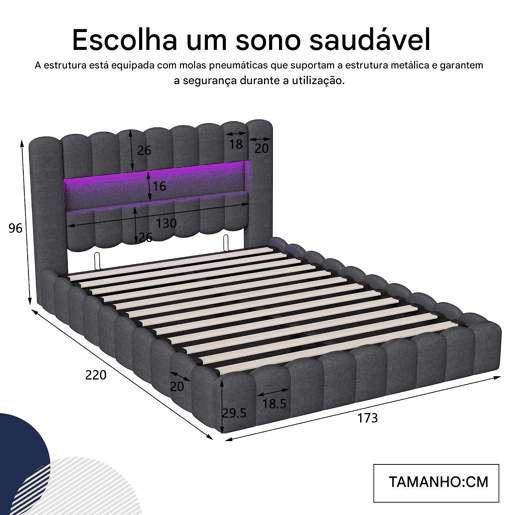 Cama adulta 160x200 cm com estrado estofado - arrumação integrada - linho - portas USB e LED regulável - capacidade 300 kg - cinza antracite Cama adulta 160x200 cm com estrado estofado - arrumação integrada - linho - portas USB e LED regulável - capacidade 300 kg - cinza antracite