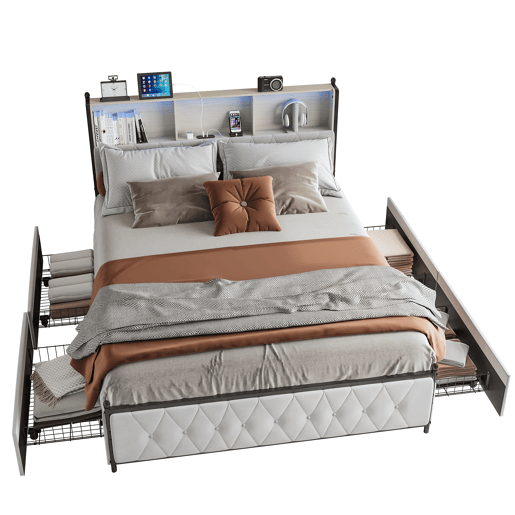 Cama estofada adulta 160x200 cm - LED - USB - 4 gavetas - estrado de ripas - veludo bege Cama estofada adulta 160x200 cm - LED - USB - 4 gavetas - estrado de ripas - veludo bege