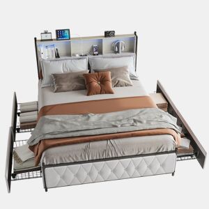 Cama estofada adulta 160x200 cm - LED - USB - 4 gavetas - estrado de ripas - veludo bege