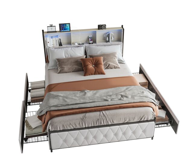 Cama tapizada para adultos de 160×200 cm con LED, USB, 4 cajones y somier de láminas – Terciopelo beige