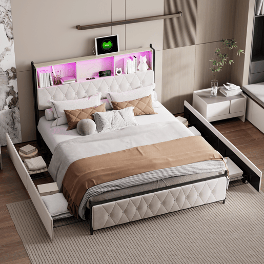 Cama estofada adulta 160x200 cm - LED - USB - 4 gavetas - estrado de ripas - veludo bege Cama estofada adulta 160x200 cm - LED - USB - 4 gavetas - estrado de ripas - veludo bege