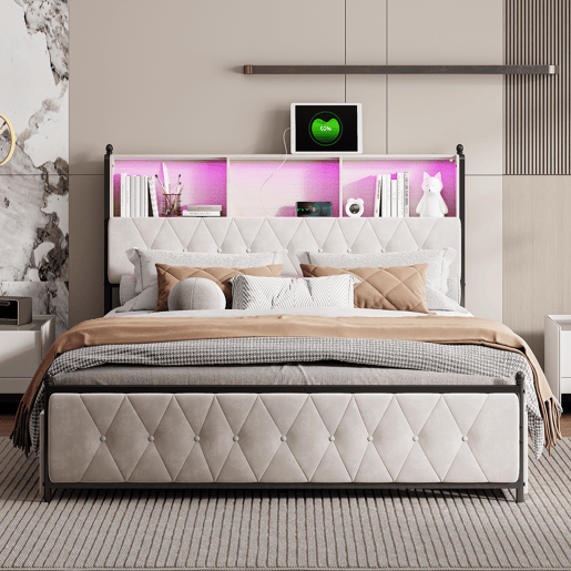 Cama estofada adulta 160x200 cm - LED - USB - 4 gavetas - estrado de ripas - veludo bege Cama estofada adulta 160x200 cm - LED - USB - 4 gavetas - estrado de ripas - veludo bege