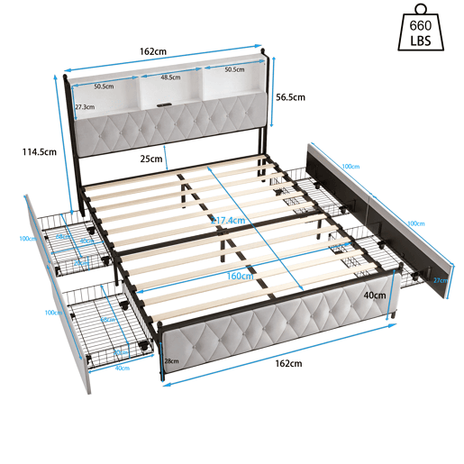 Cama estofada adulta 160x200 cm - LED - USB - 4 gavetas - estrado de ripas - veludo bege Cama estofada adulta 160x200 cm - LED - USB - 4 gavetas - estrado de ripas - veludo bege