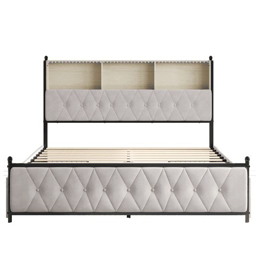 Cama estofada adulta 160x200 cm - LED - USB - 4 gavetas - estrado de ripas - veludo bege Cama estofada adulta 160x200 cm - LED - USB - 4 gavetas - estrado de ripas - veludo bege