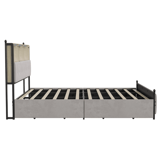 Cama estofada adulta 160x200 cm - LED - USB - 4 gavetas - estrado de ripas - veludo bege Cama estofada adulta 160x200 cm - LED - USB - 4 gavetas - estrado de ripas - veludo bege