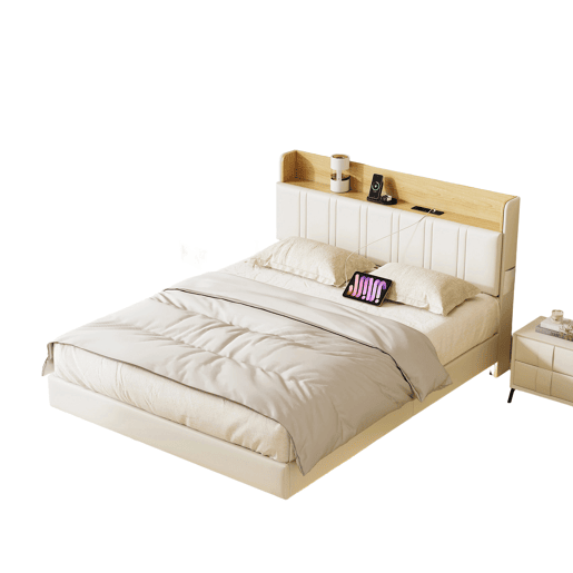 Cama de casal suspensa de design exclusivo com arrumação, luzes LED multicoloridas e portas USB u2013 160x200 cm u2013 Couro sintético branco e carvalho claro Cama de casal suspensa de design exclusivo com arrumação, luzes LED multicoloridas e portas USB u2013 160x200 cm u2013 Couro sintético branco e carvalho claro