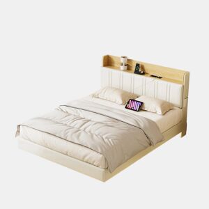 Cama de casal suspensa de design exclusivo com arrumação, luzes LED multicoloridas e portas USB u2013 160x200 cm u2013 Couro sintético branco e carvalho claro