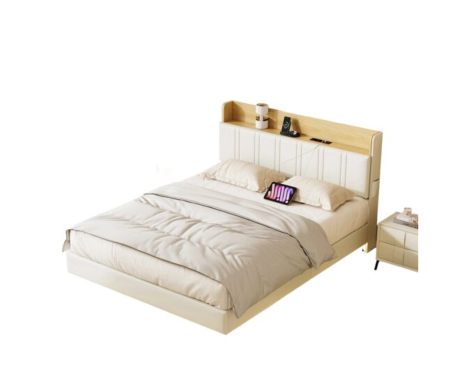 Cama doble de diseño suspendida con almacenaje, luces LED multicolor y puertos USB – 160x200 cm – Piel sintética blanca y roble claro
