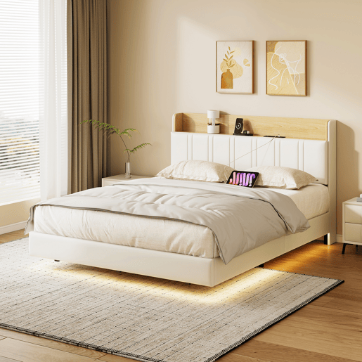 Cama de casal suspensa de design exclusivo com arrumação, luzes LED multicoloridas e portas USB u2013 160x200 cm u2013 Couro sintético branco e carvalho claro Cama de casal suspensa de design exclusivo com arrumação, luzes LED multicoloridas e portas USB u2013 160x200 cm u2013 Couro sintético branco e carvalho claro